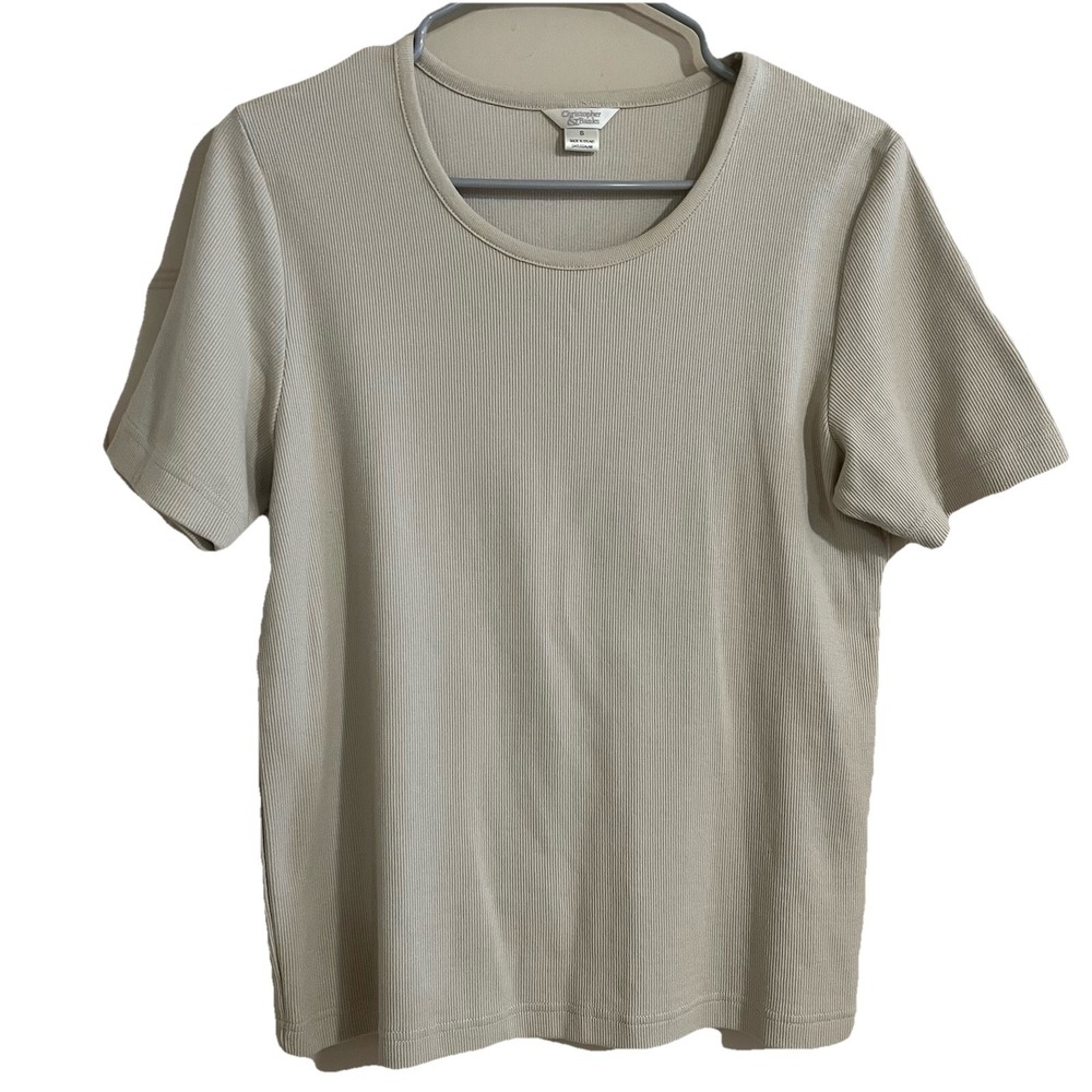 Vtg 90s‎ Y2K Fine Ribbed Top Womens Sz S Short Sleeve Minimalist Neutral Stretch